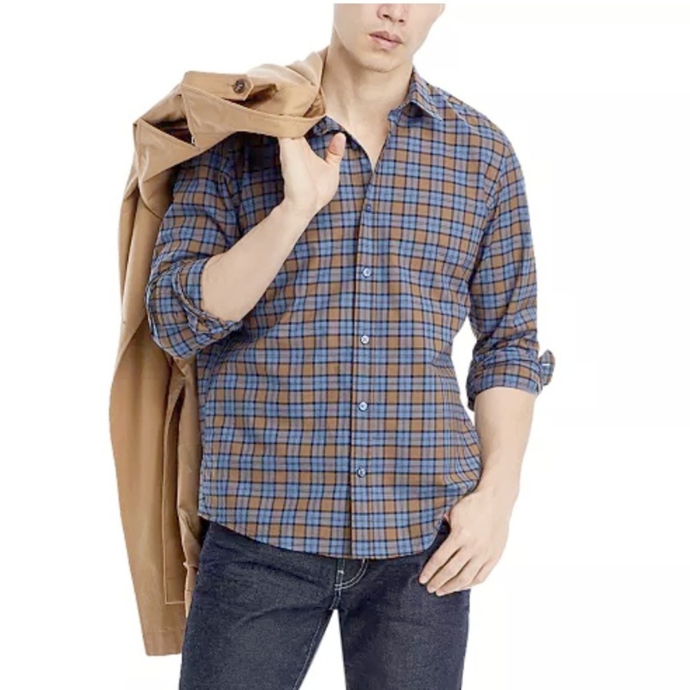 Savannah Mens M Plaid Luxurious Tencel Polyester Button Down Shirt Brown‎ Blue